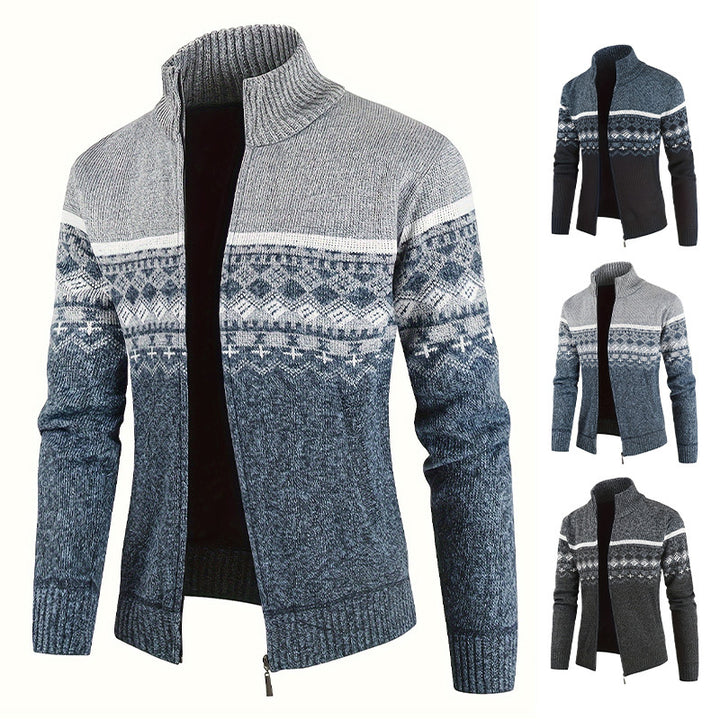 Men's Thermo Cardigan with Stand-up Collar and Zipper Norwegian Knit Fleece-lined Mune Fashion