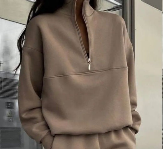 Women's casual stand-up collar half-zip in boxy cut with decorative breast seam Mune Fashion