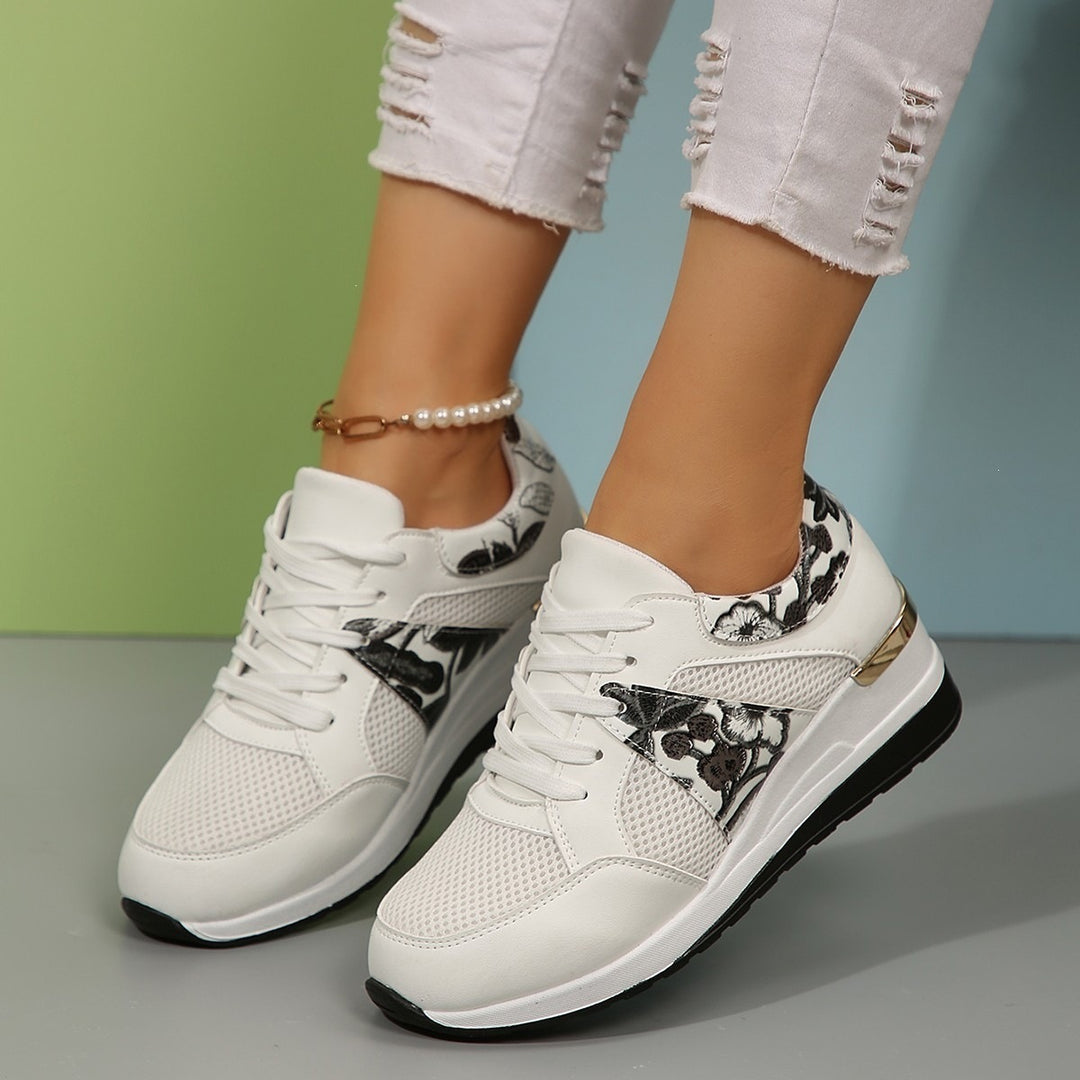 Women Wedge Sneakers with Floral Embroidery, Mesh Inserts and Metal Application Mune Fashion