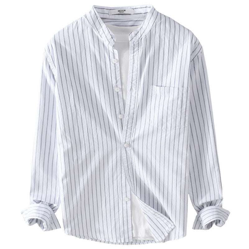 Men's Lightweight Stand Collar Long Sleeve Shirt made of Cotton Blend with Fine Pinstripe and Chest Pocket Mune Fashion