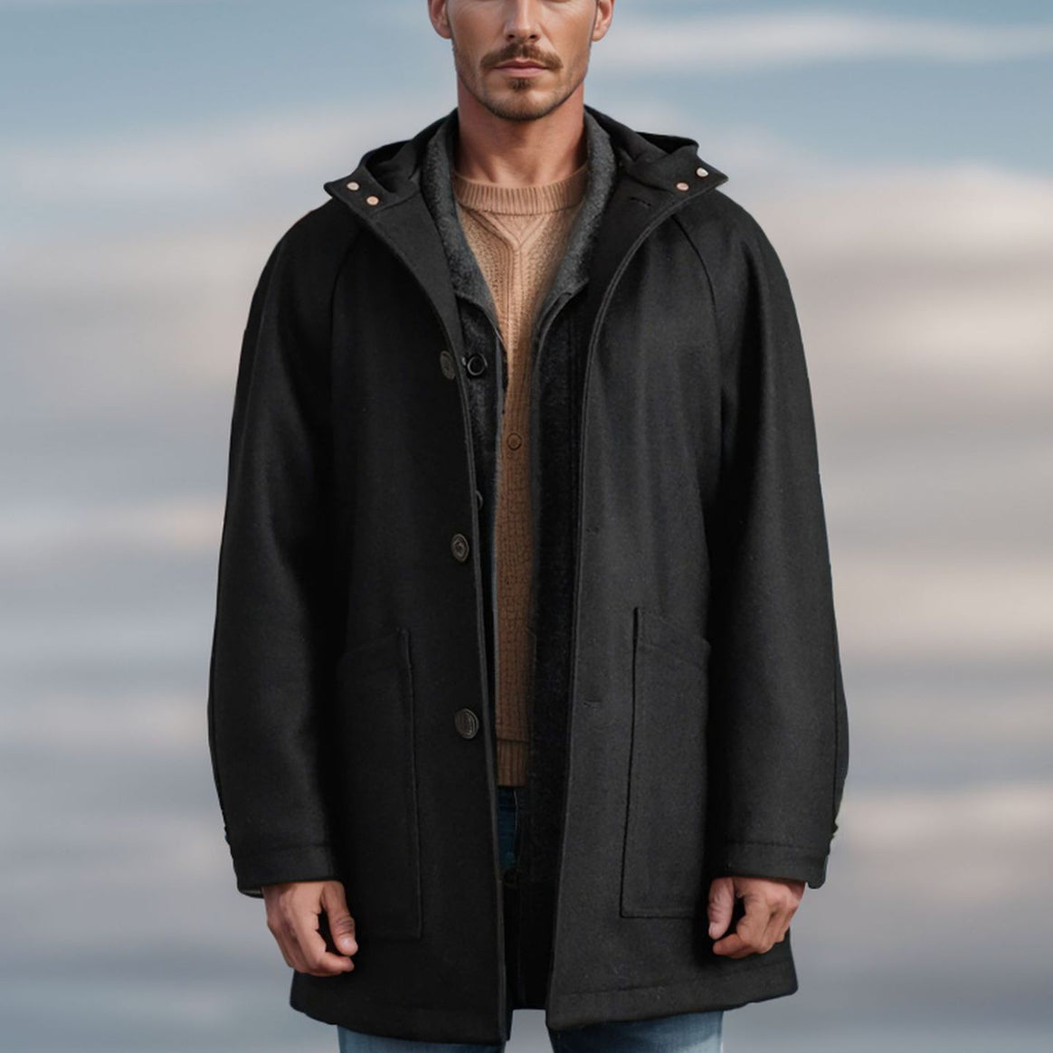 Men's hooded coat made of wool blend with straight silhouette, concealed button placket and large patch pockets Mune Fashion
