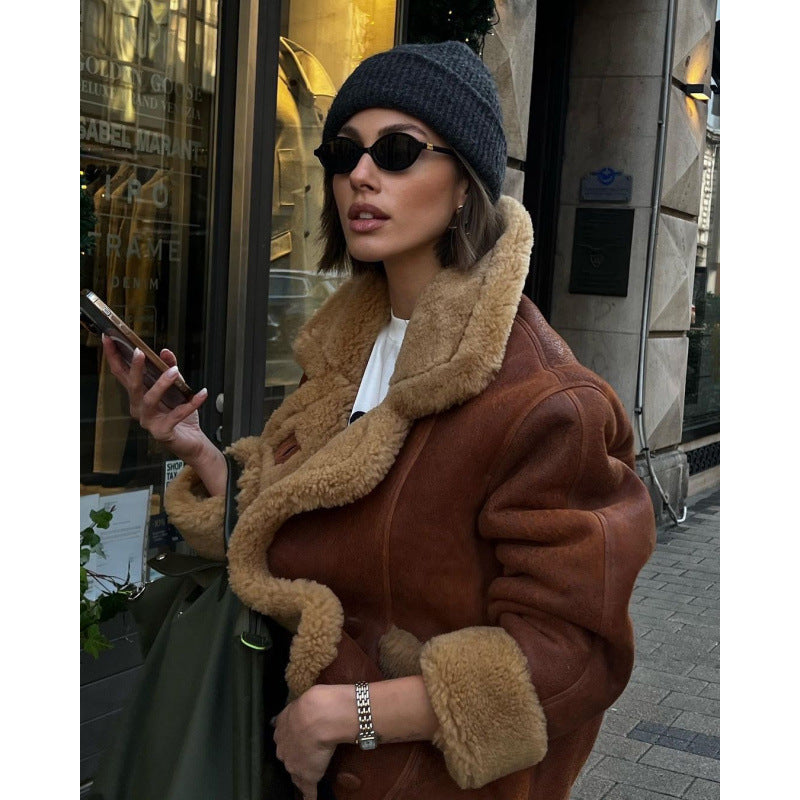 Women's Oversize Sheepskin-Look Aviator Jacket with Voluminous Shawl Collar Mune Fashion