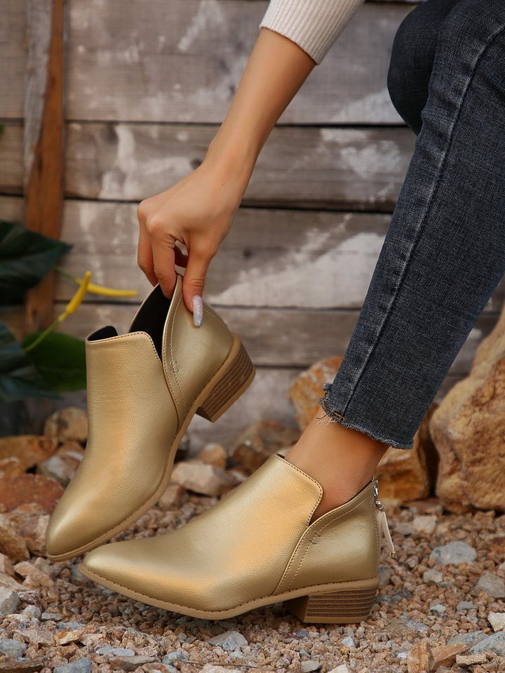 Women's pointed toe slip-on ankle boots with small block heel and ergonomic comfort footbed Mune Fashion