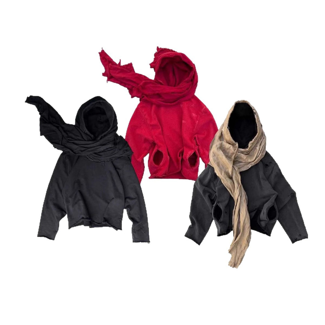 Unisex hooded pullover in usage marks style with attached tube scarf and frayed openings Mune Fashion