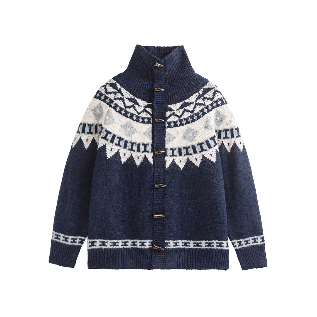 Women's Norwegian pattern knitted cardigan with high stand collar and toggle closures Mune Fashion