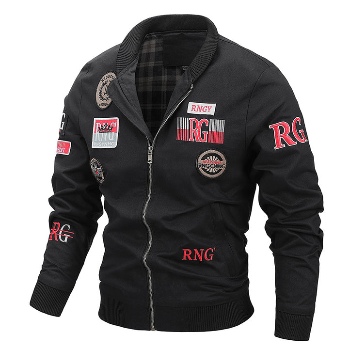 Men's Canvas Bomber Jacket with Vintage Patch Details and Ribbed Cuffs Mune Fashion