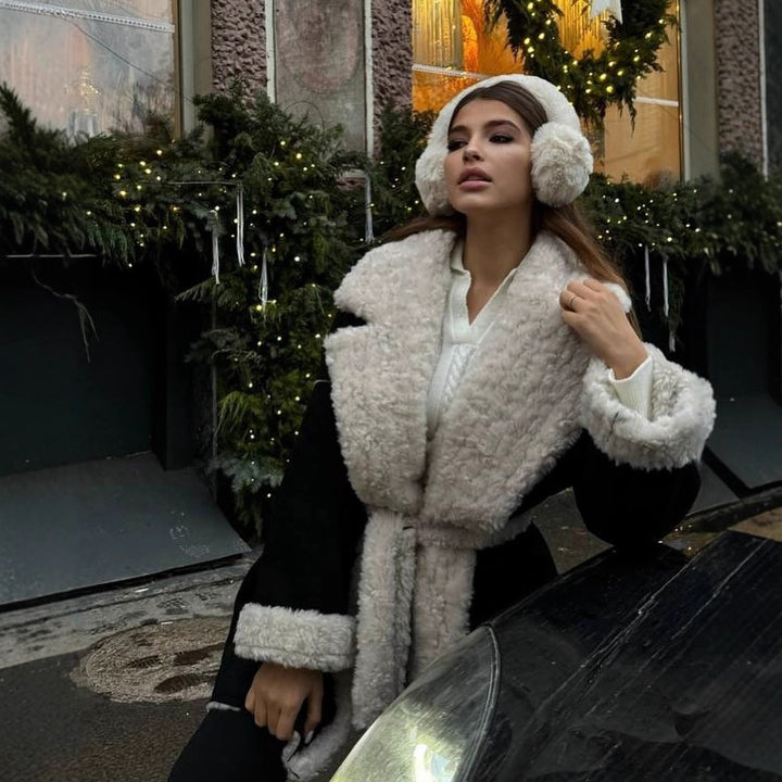Women Short Oversized Winter Coat with Teddy Lining and Waist Belt Mune Fashion