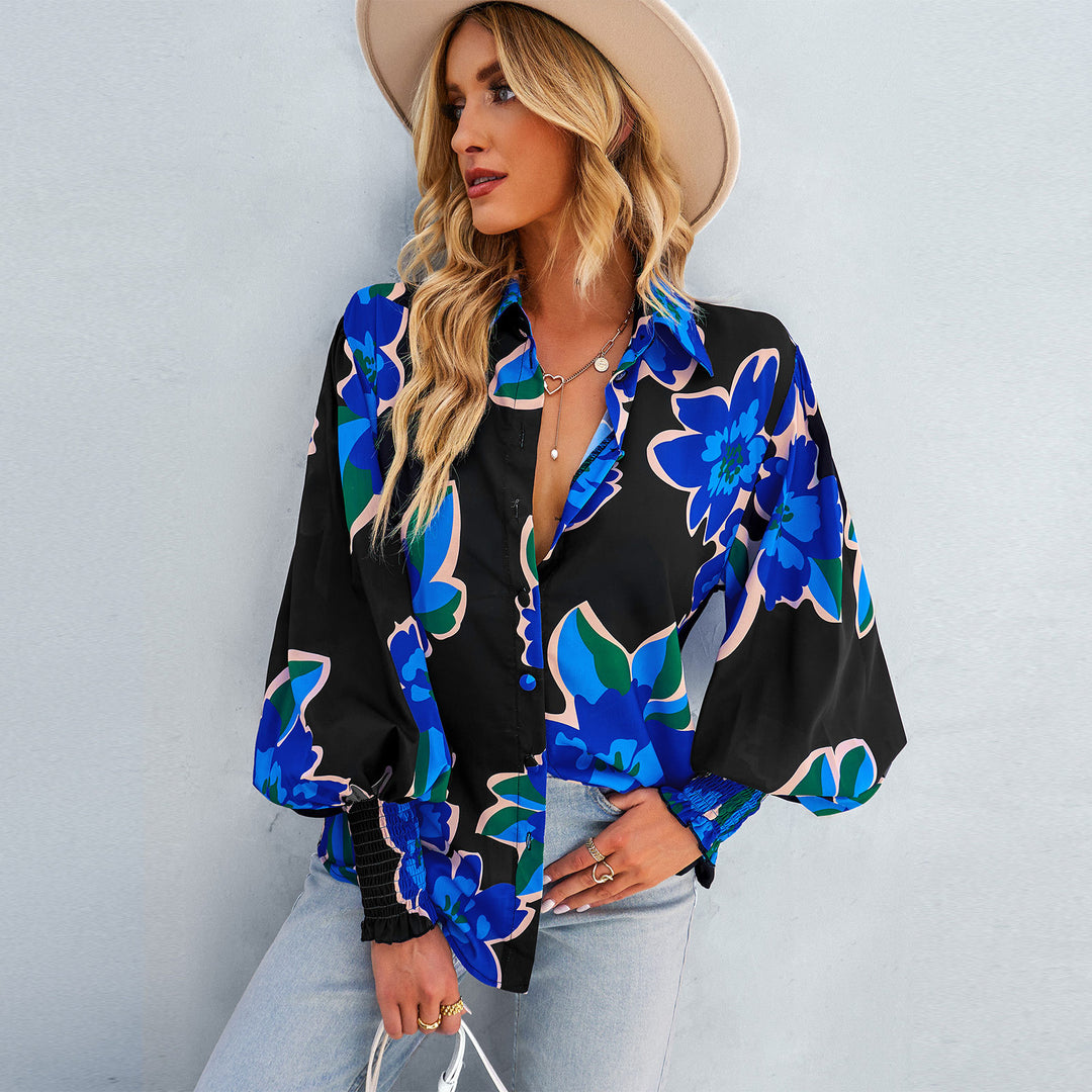 Women's loose shirt blouse with floral all-over print, silk look, smock sleeves, and buttoned front placket Mune Fashion
