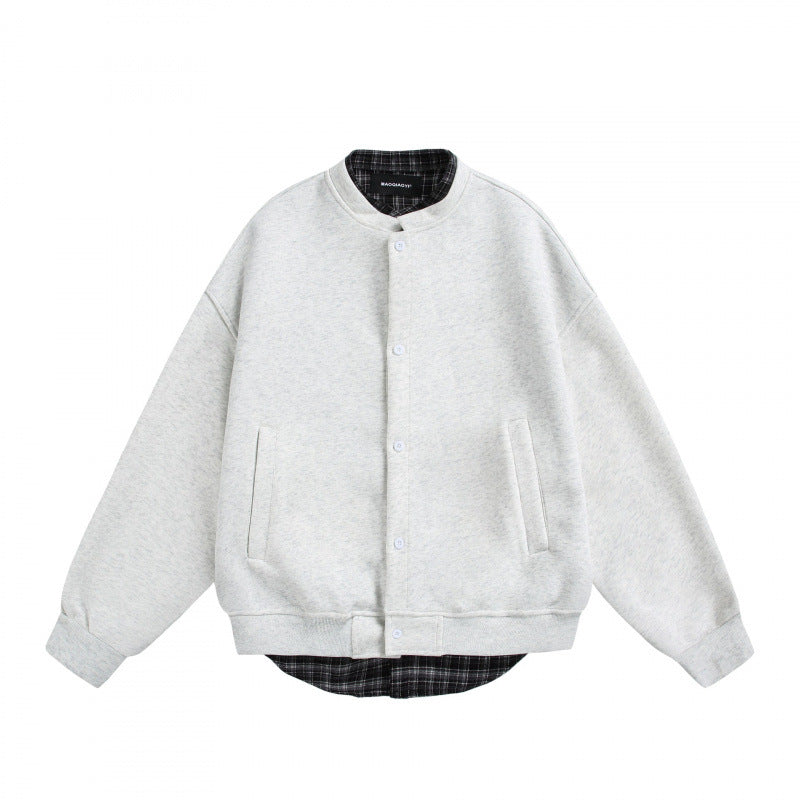 Men's Oversized College-Style Sweat Jacket with Concealed Snap Button Placket and Checked Lining Mune Fashion
