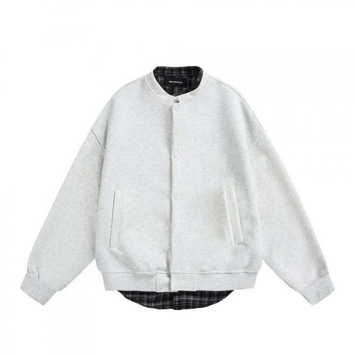 Men's Oversized College-Style Sweat Jacket with Concealed Snap Button Placket and Checked Lining Mune Fashion