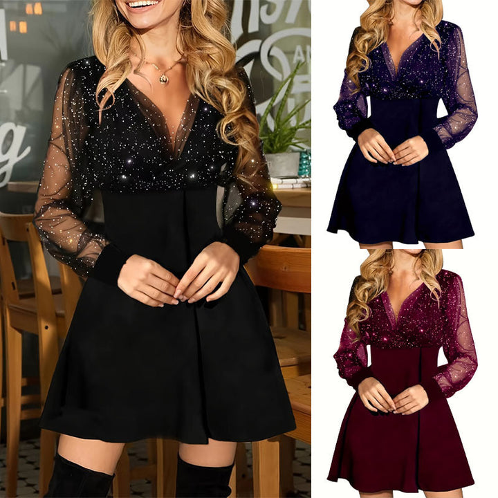 Ladies Elegant Short Sleeve Dress with Transparent Sleeves and Sparkling Detail Mune