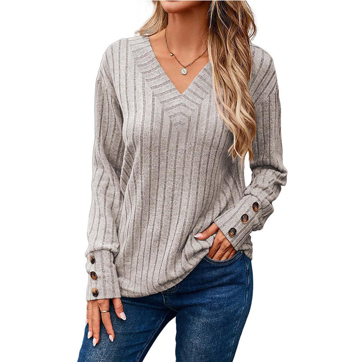 Women's Ribbed V-Neck Knit Sweater with Button Cuffs Mune Fashion