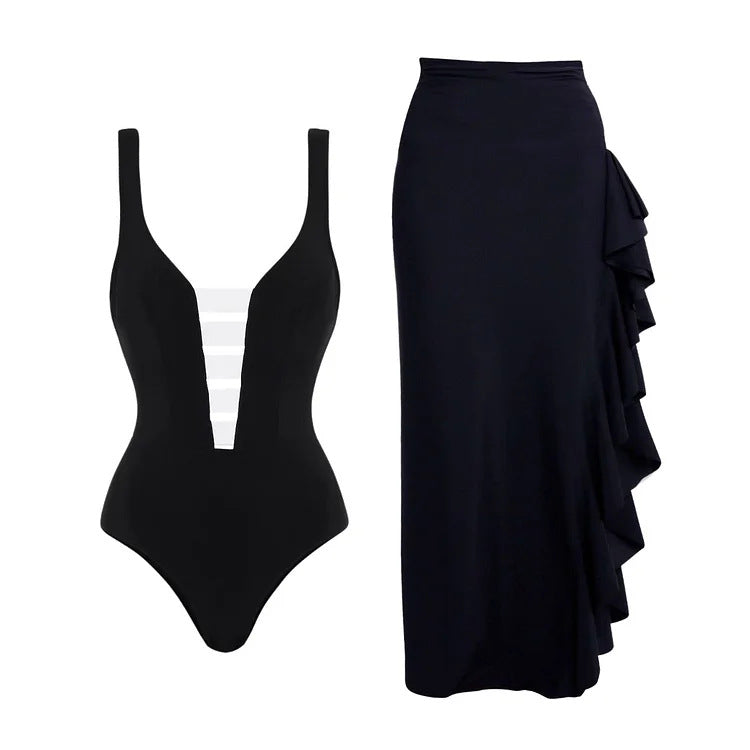Women elegant one-piece with refined transparent stripe and voluminous maxi skirt Mune Fashion