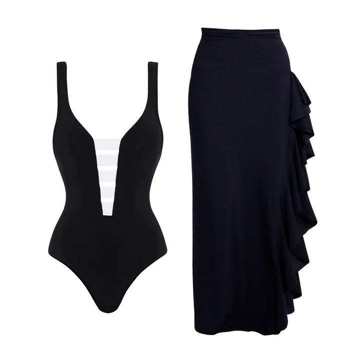 Women elegant one-piece with refined transparent stripe and voluminous maxi skirt Mune Fashion
