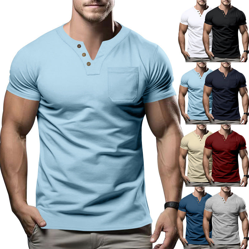 Men's tailored short sleeve Henley shirt with chest pocket and asymmetrical button placket Mune Fashion