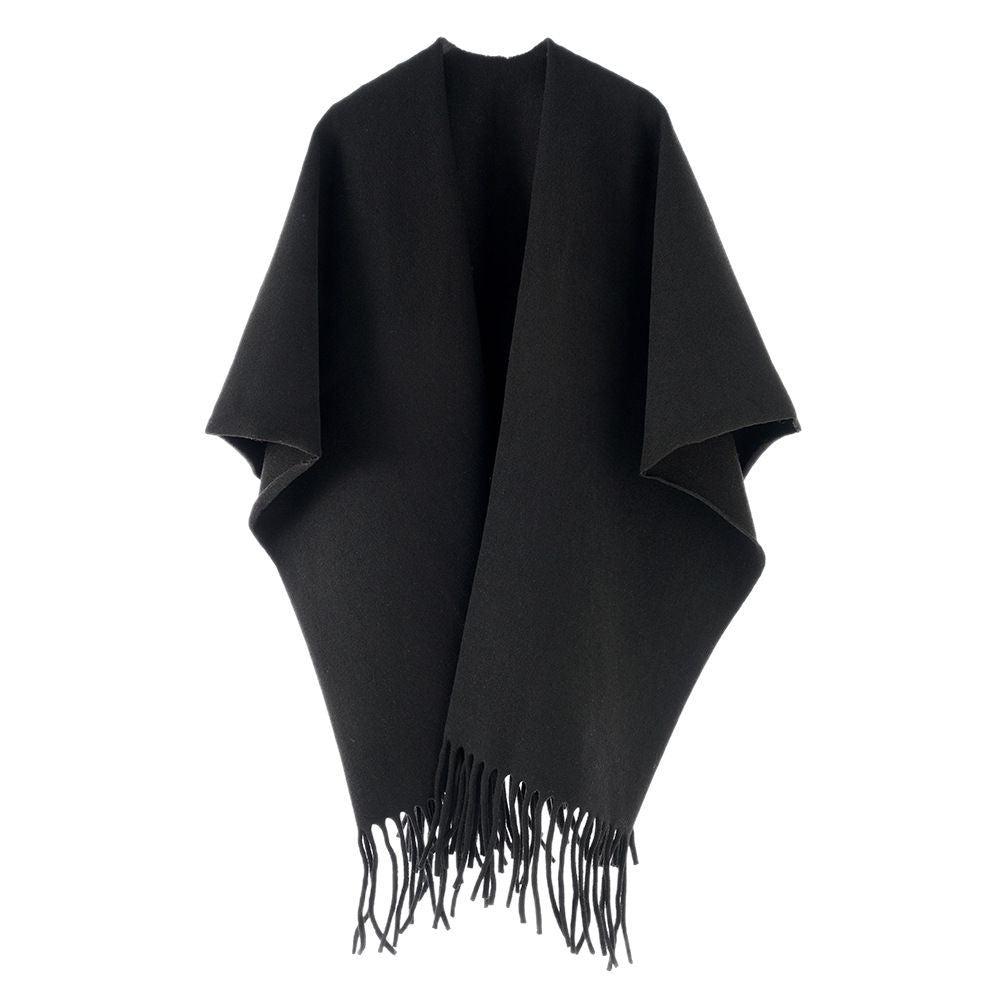 Women Minimalist Wool Cape with Fringe Hem and Open Fall Mune Fashion