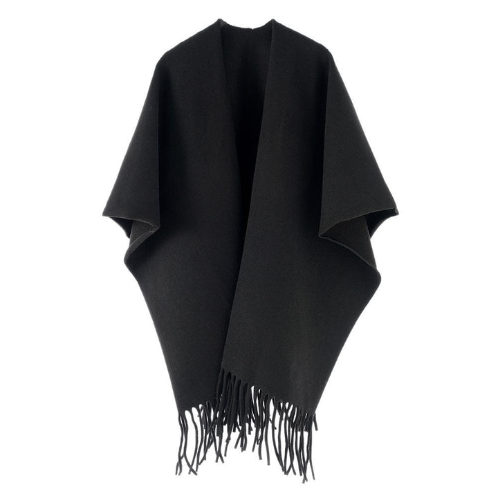 Women Minimalist Wool Cape with Fringe Hem and Open Fall Mune Fashion