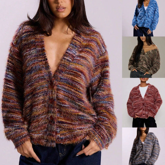 Women's Oversize Fuzzy Sweater with Wide Carmen Neckline and Mélange Knit Structure Mune Fashion