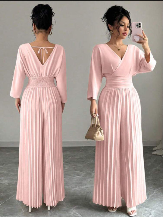 Women Elegant Pleated Jumpsuit with V-Neck Mune Fashion