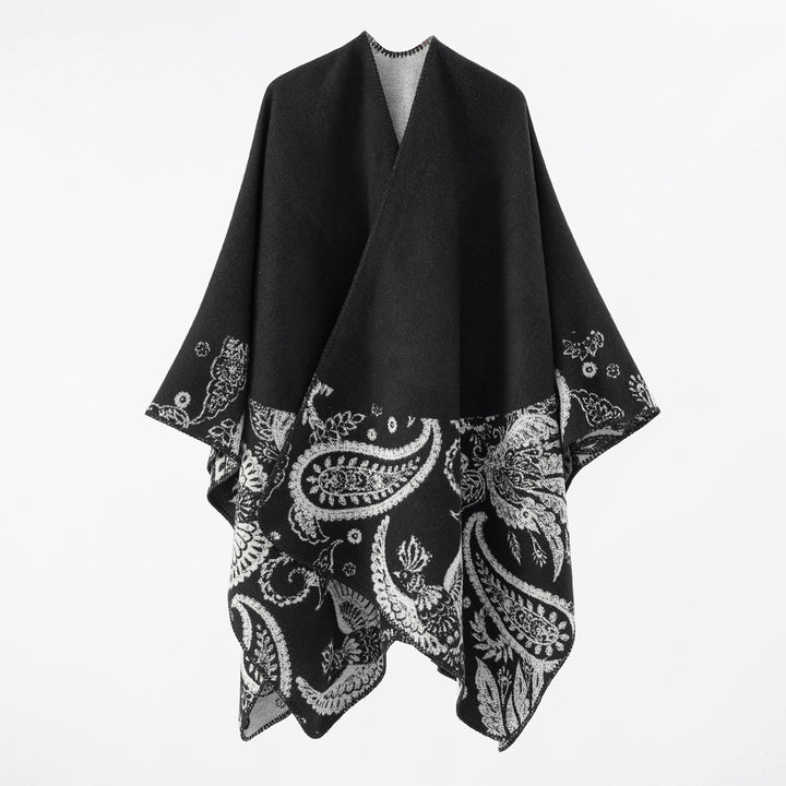 Women's wool blend reversible cape with paisley jacquard and open V-neck Mune Fashion
