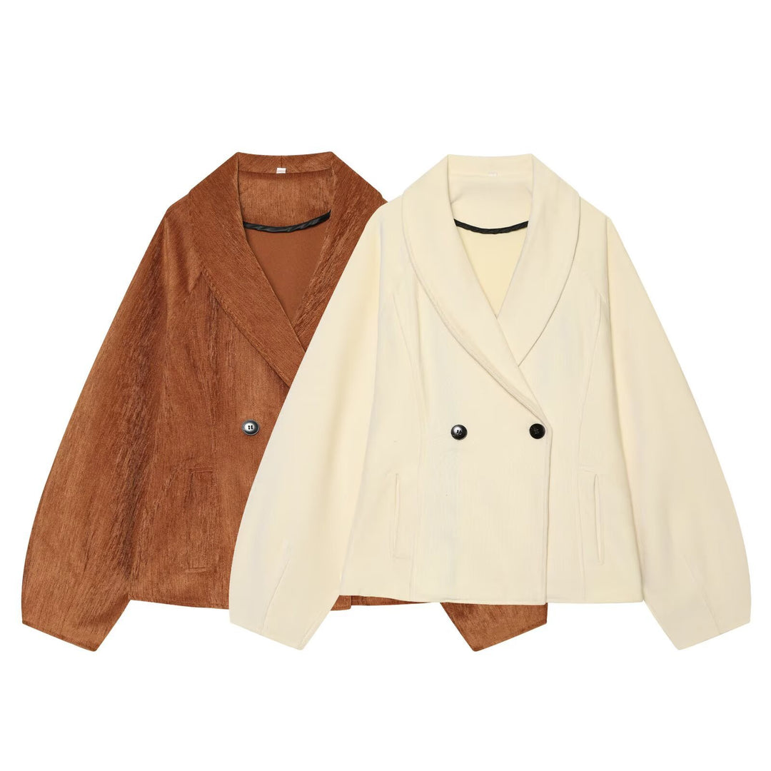 Women’s Short Blazer with Shawl Collar and Double-Breasted Button Placket Mune Fashion