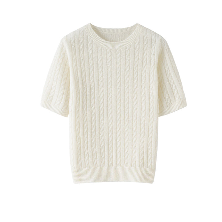 Women Short-Sleeve Knitted Sweater with Cable Pattern and Fine Round Neck Mune Fashion
