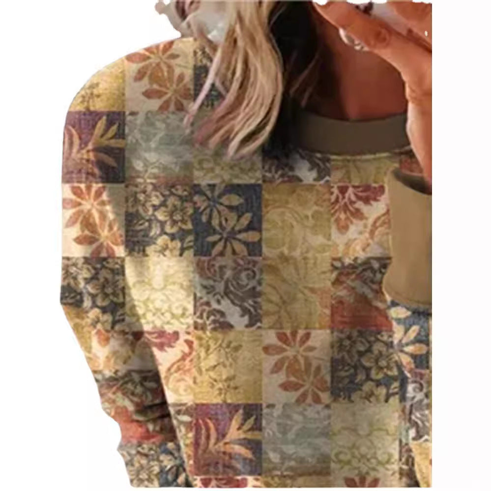 Women's long sleeve shirt in patchwork quilt design with soft round neck and contrasting cuffs Mune Fashion
