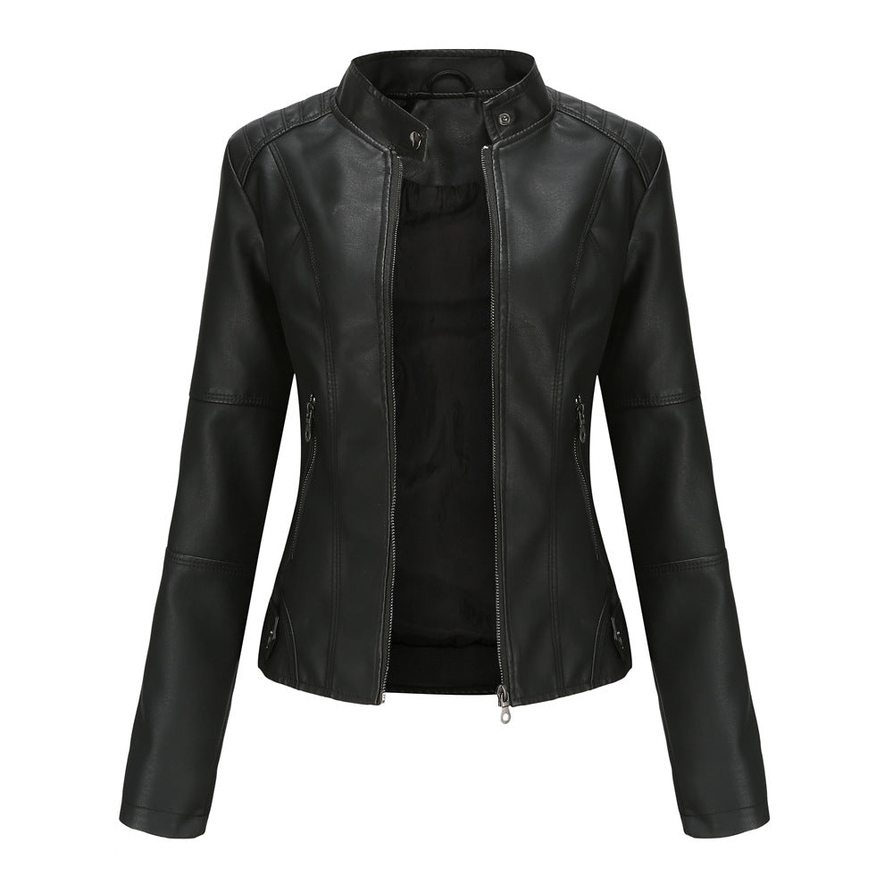Women's fitted faux leather biker jacket with stand-up collar Mune Fashion