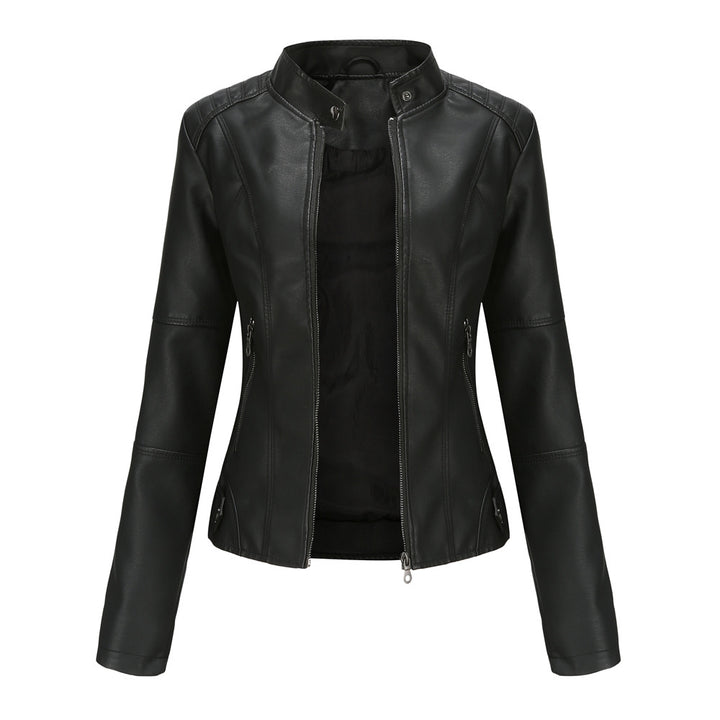 Women's fitted faux leather biker jacket with stand-up collar Mune Fashion