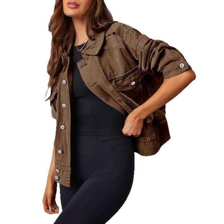 Women's oversized denim jacket with patch breast pockets and roll-up sleeves Mune Fashion