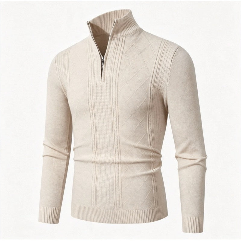 Men's Fine Half-Zip Roll Neck Sweater with Structure Stripes and Body-Hugging Fit Mune Fashion