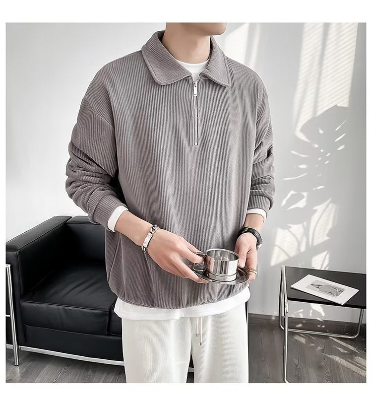 Men's Ribbed Pullover with Half-Zip and Polo Collar Mune Fashion