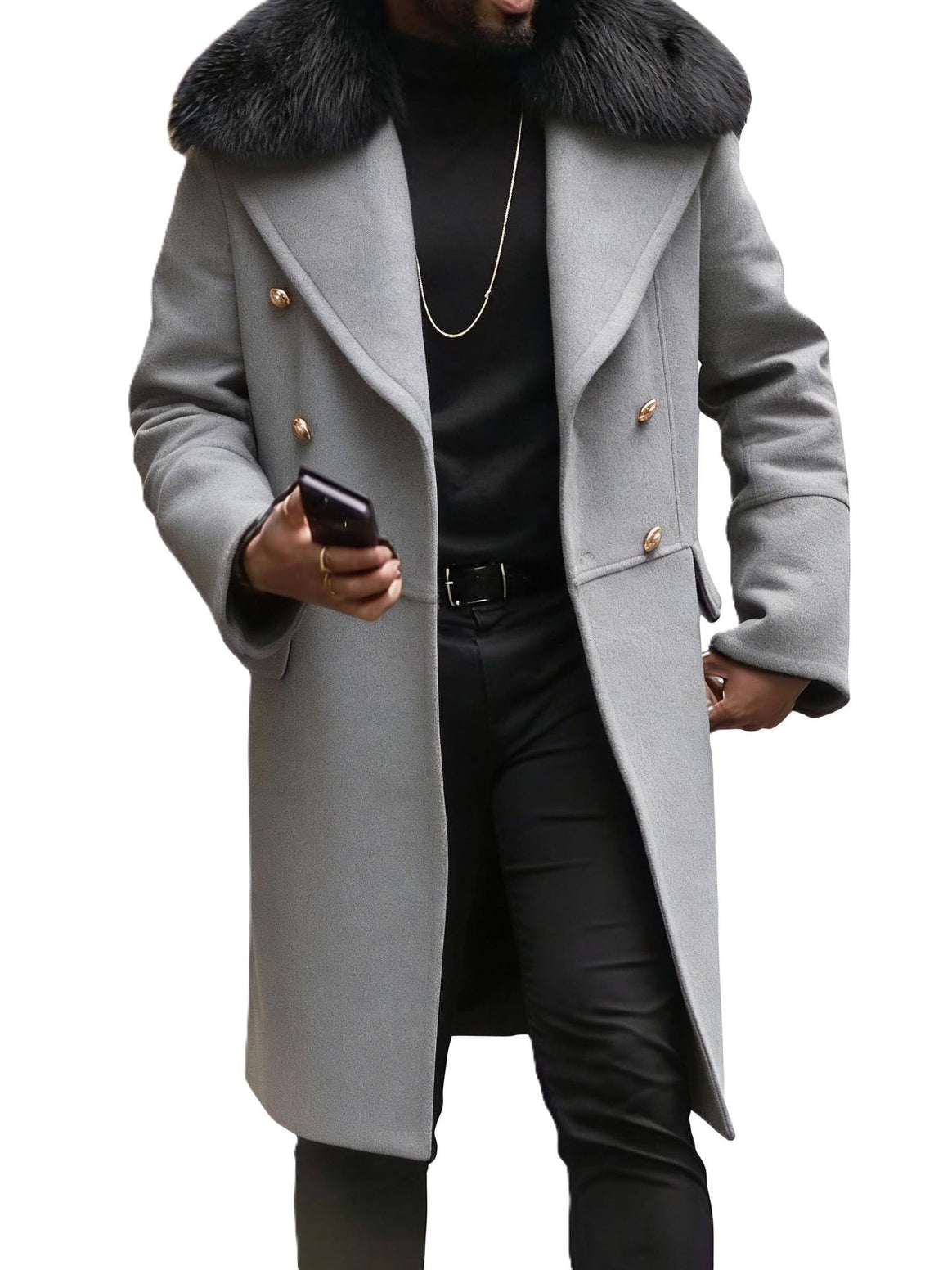 Men's Long Double-Breasted Coat with Voluminous Teddy Collar and Elegant Metal Buttons Mune Fashion