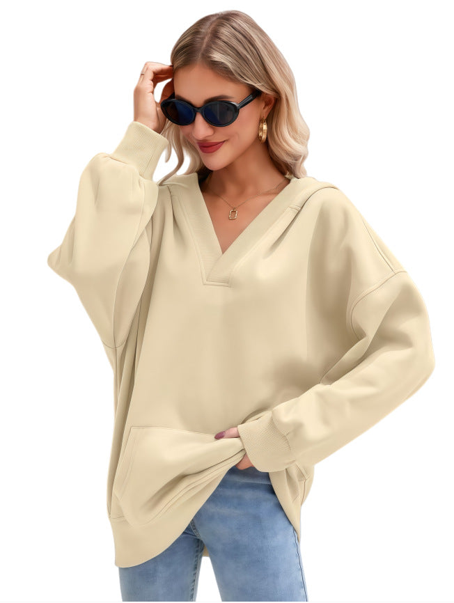 Women's Oversized V-Neck Hoodie with Hood, Kangaroo Pocket and Extended Hem Mune Fashion