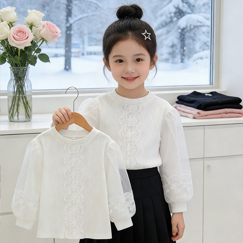 Girls elegant blouse with transparent puff sleeves and delicate floral embroidery Mune Fashion