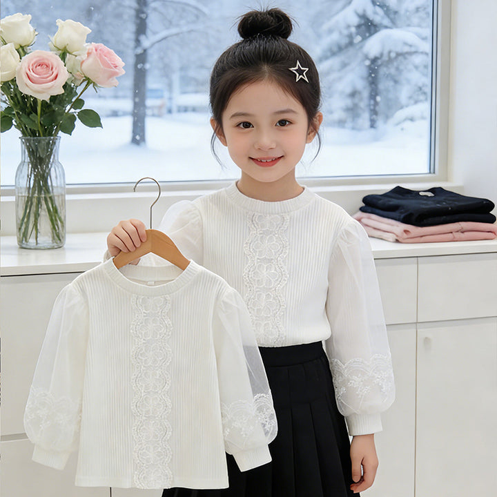 Girls elegant blouse with transparent puff sleeves and delicate floral embroidery Mune Fashion