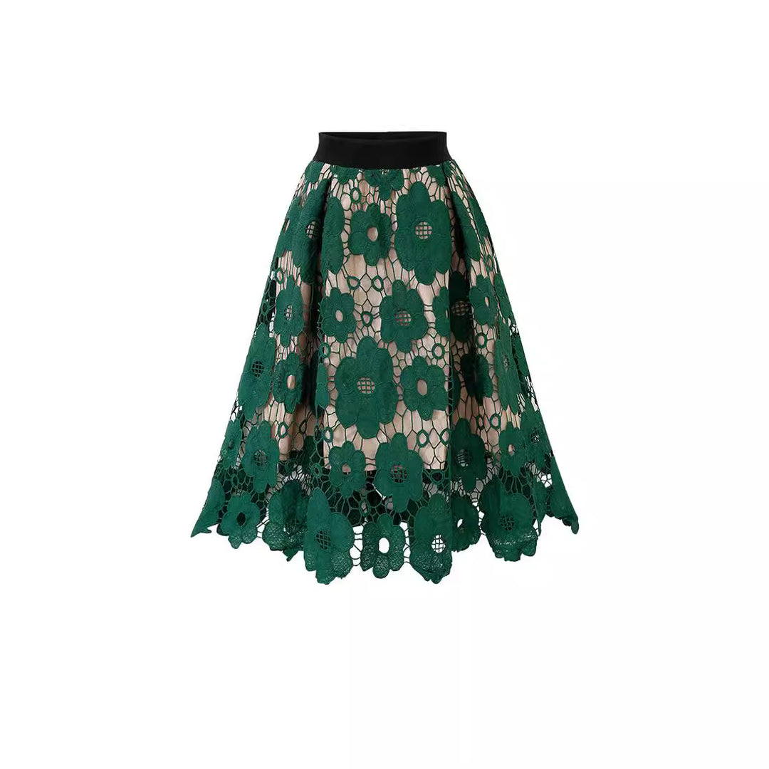 Women's A-line midi skirt made of floral lace appliqué with curved hem Mune Fashion