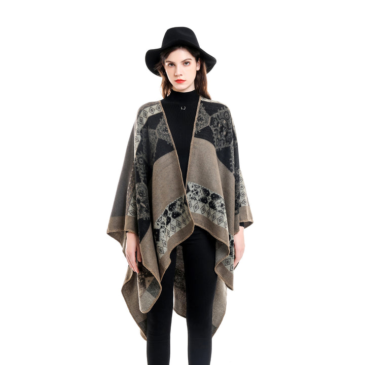 Women's Oversize Knit Poncho with Folk Jacquard Pattern Mune Fashion