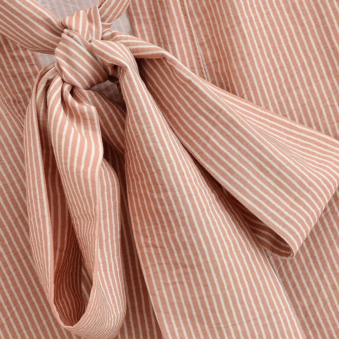 Women's Striped Pullover Blouse with Bow Collar, Balloon Sleeves and Cuffs Mune Fashion