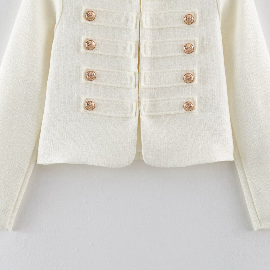 Women Short Boucle Jacket in Military Style with Decorative Stripes and Gold Buttons Mune Fashion