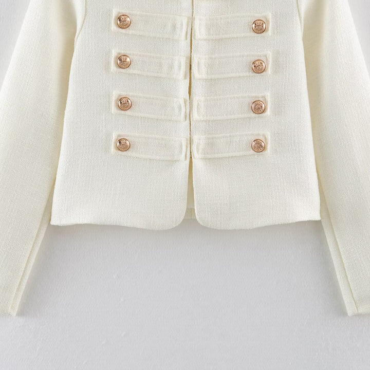 Women Short Boucle Jacket in Military Style with Decorative Stripes and Gold Buttons Mune Fashion