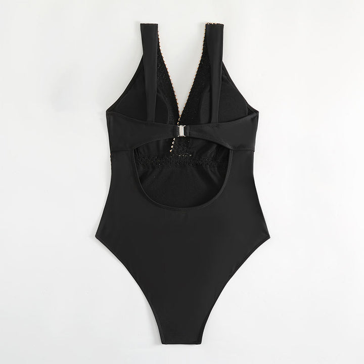 Women's Elegant One-Piece Swimsuit with V-Neck and Gold Accents Mune Fashion