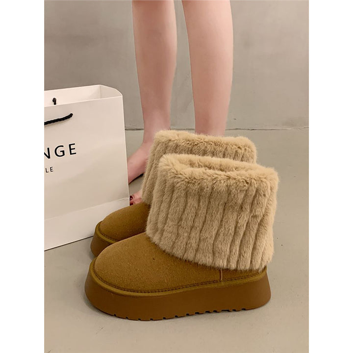Women's Fleece-Lined Platform Ankle Boots made of Suede Imitation with Foldable Faux Fur Edge Mune Fashion