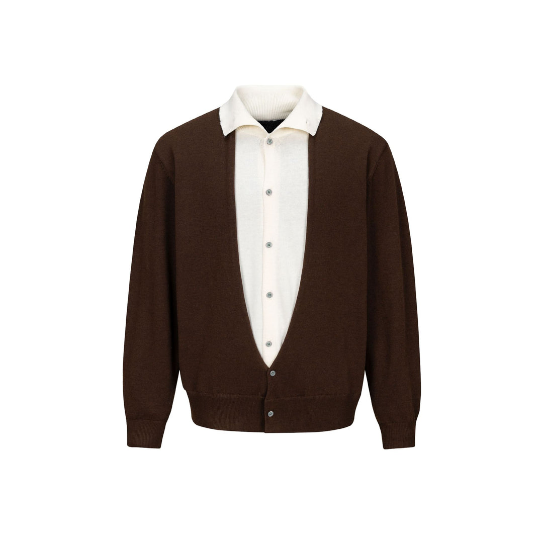 Men's fine-knit layering cardigan with deep V-neck and integrated polo collar Mune Fashion