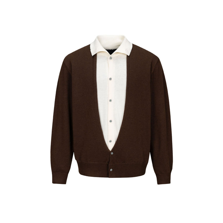 Men's fine-knit layering cardigan with deep V-neck and integrated polo collar Mune Fashion