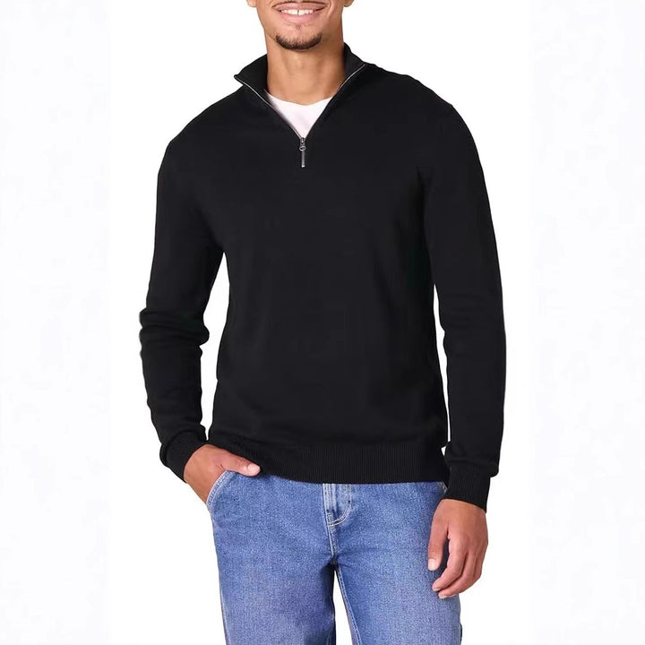 Men's fine knit troyer with half zipper, slim silhouette and contrasting stand-up collar Mune Fashion