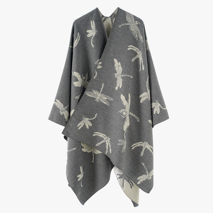Ladies Reversible Jacquard Poncho with Dragonfly Pattern Mune Fashion