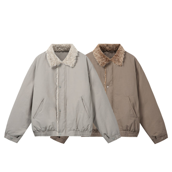 Women's Minimalist Thermo Blouson Jacket with Faux Fur Shawl Collar and Elastic Tunnel Drawstring Hem Mune Fashion