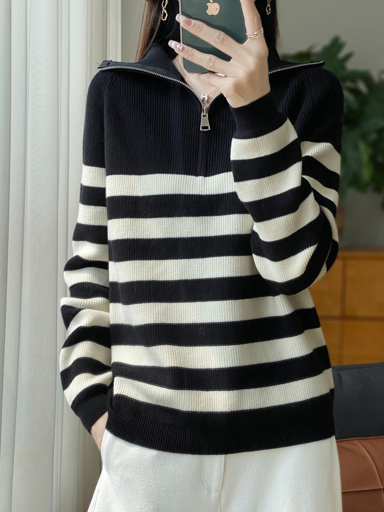 Women's Maritime Sweater Pullover made of fine ribbed knit with wide horizontal stripes Mune Fashion