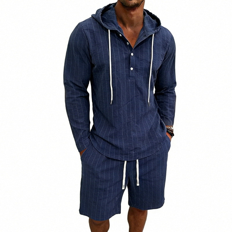 Men's striped linen-look hooded Henley set with drawstring shorts Mune Fashion